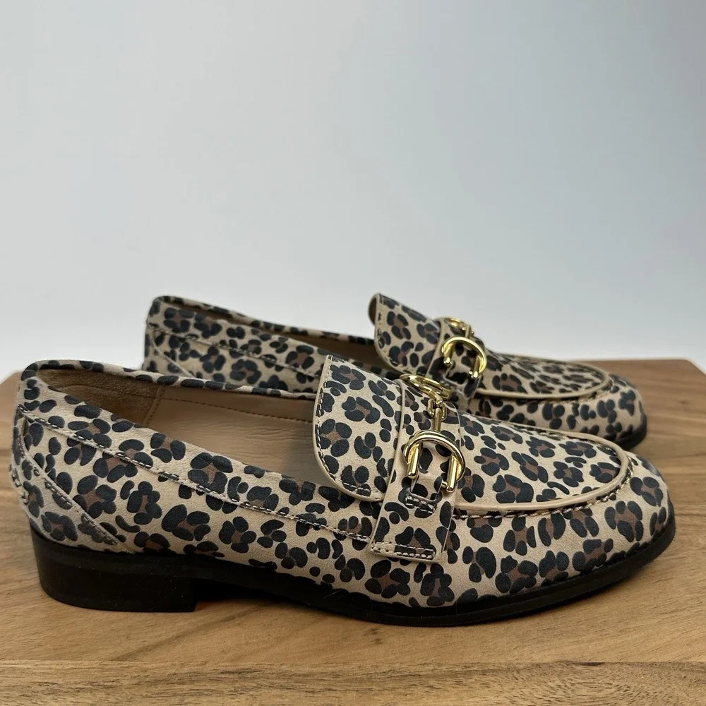 Womens Stuart Weitzman‎ Owen Buckle Tan Leather Cheetah Print Loafers Size 5 B